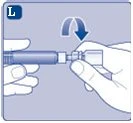 Two hands holding a medical device and rotating it clockwise following the direction indicated by a blue curved arrow on a blue background