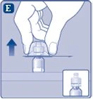 A hand lifting vertically a protective cap from a glass vial following the direction of an upward-pointing blue arrow