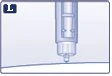 Dettaglio di una penna iniettiva medica posizionata verticalmente sopra una superficie curva chiara con il simbolo L in alto a sinistra