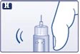 Illustrazione medica di una mano che impugna un dispositivo medico cilindrico con un ago sottile rivolto verso l'alto