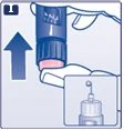 Illustrazione medica che mostra una mano che solleva un dispositivo di iniezione blu verso l'alto