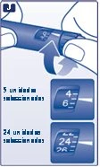 Illustrazione medica che mostra una mano che ruota la parte superiore di un dispositivo blu con due riquadri che indicano i dosaggi 4-6 e 24-26