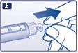 Una mano tiene una siringa e la spinge in avanti verso un dito, indicata da una freccia blu che suggerisce il movimento di pressione