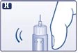 Illustrazione medica di una mano che tiene un dispositivo per iniezione accanto a un contenitore cilindrico con simboli di segnale wireless