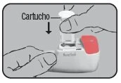 Due mani inseriscono una cartuccia cilindrica trasparente all'interno
