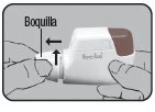 Two hands holding a white and brown medical device while a black arrow indicates the direction to the left