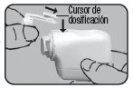 Two hands operating a white medical device, one pushing a dose slider downward over the main body of the device