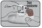 Hands holding a white medical device with an arrow indicating movement to the left