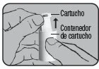 Two hands inserting a cartridge into a cylindrical housing with an arrow pointing to the left