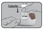 A hand vertically inserting a cartridge into a white medical device while an arrow indicates direction