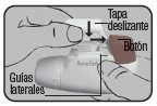 Hands handling a medical device with Spanish labels indicating tapa deslizante, botón, and guías laterales for left