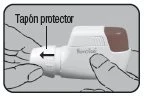 Two hands holding a white medical device while a black arrow indicates removal of the protective cap to the left