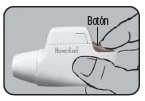 A hand holds a white medical device and presses a brown button indicated by the label Botón