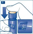 A hand presses the top cap of a blue vial while an inset shows the dosage indicated by the number 0.2 on the device