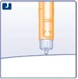 Medical illustration of an orange and transparent injection pen positioned vertically above a curved white surface