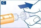 A hand holds an orange glass vial and connects it to a white injection device, with a blue arrow indicating movement to the right