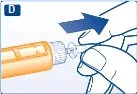 A hand holds an orange syringe and pushes it to the right in the direction indicated by a blue arrow above it