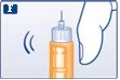 Medical illustration of a syringe containing orange liquid with needle pointing downward