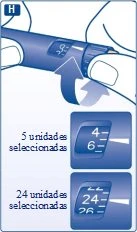 Illustration of an injection pen with hands rotating the dial, and two insets showing the selection of 5 and 24 units