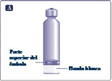 Clear glass vial with metal cap and black lettering indicating the top of the seal and a white band at the base