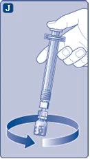 A hand holding a syringe to rotate it over a small medicine vial, indicated by a blue circular arrow
