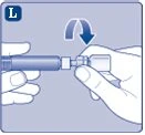 Two hands rotating a part of a medical device downward following a curved arrow on blue background with letter L in top left