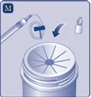 Medical illustration showing a syringe with needle and a vial being inserted into a circular device with radial slots