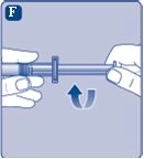 Two hands holding a syringe while a curved arrow indicates the rotational movement of the plunger upward