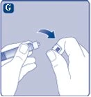 Two hands separating a protective cap from a medical device with a blue arrow indicating the removal movement