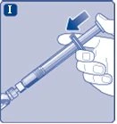 A hand holding a tilted syringe with a blue arrow indicating the downward movement of pushing the plunger