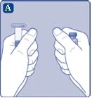 Two hands holding a vial with a white cap and a vial with a blue cap respectively, on a light blue background with letter A in the top left