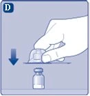 A hand pressing a protective cap downward onto a glass vial, with a blue arrow indicating the direction of movement