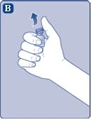 Una mano tiene un piccolo flaconcino di vetro con un dito appoggiato sul tappo e una freccia rivolta verso l'alto che indica il movimento di apertura