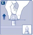 Una mano solleva verso l'alto il cappuccio di un flaconcino medico indicato da una freccia blu rivolta verso l'alto