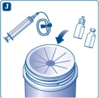 Illustrazione medica che mostra una siringa con tubo flessibile, due flaconi di vetro e una freccia blu che punta verso un contenitore circolare con fessure