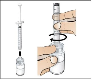 Illustrazione che mostra una siringa che viene inserita in un flaconcino di vetro e una mano che ruota la siringa per aspirare il liquido