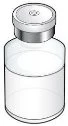 Flacone di vetro trasparente con tappo in gomma e sigillo metallico argentato contenente un liquido incolore