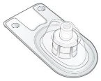 Disegno tecnico in bianco e nero di un dispositivo medico con una base piatta rettangolare e un componente cilindrico centrale rialzato