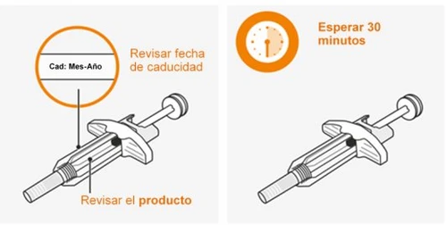 Medical diagram showing a syringe, a circle zooming in on the expiration date, and a timer with the note 'wait 30 minutes'