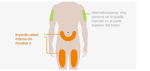 Human body diagram with orange areas on the thighs and upper arms indicating drug injection sites