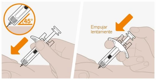 Two illustrations showing how to hold a syringe at a 45-degree angle against the skin and slowly press it down with one hand
