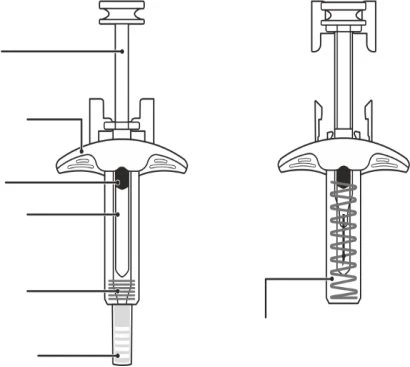Technical diagram of a medical device showing internal components with a spiral spring highlighted by reference lines on a white background