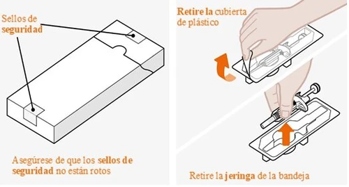 Illustrative diagram showing how to check safety seals, remove the plastic cover, and take the syringe out of the tray