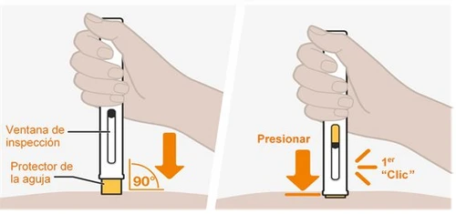 Two illustrations show hands holding an auto-injector for the