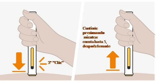 Two illustrations show hands holding an injection pen, with orange arrows indicating downward and upward movement