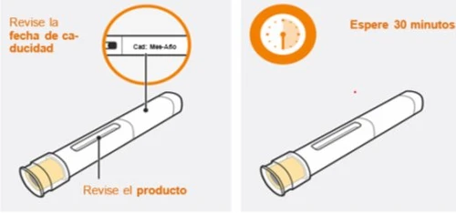 Medical diagram with two injection pens, a close-up of the expiration date and a