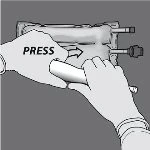 Two hands holding a medical device with the label PRESS and an arrow indicating to press the upper part