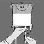 Gloved hands adjusting the valve of an infusion bag containing liquid suspended from a stand