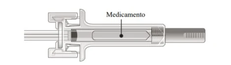 Schema tecnico di un dispositivo medico con un contenitore trasparente che contiene il farmaco indicato da una linea con etichetta 'Medicamento'