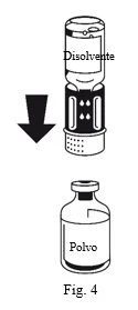 Diagram showing pouring the contents of a solvent vial into a vial containing medical powder